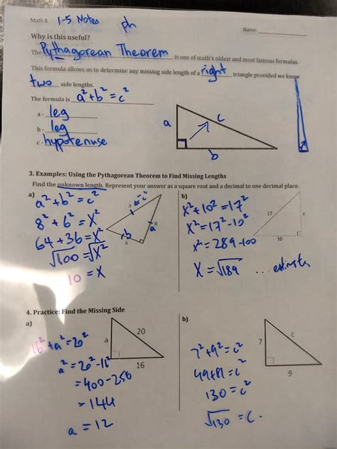 pythagorean theorem worksheet answers with work